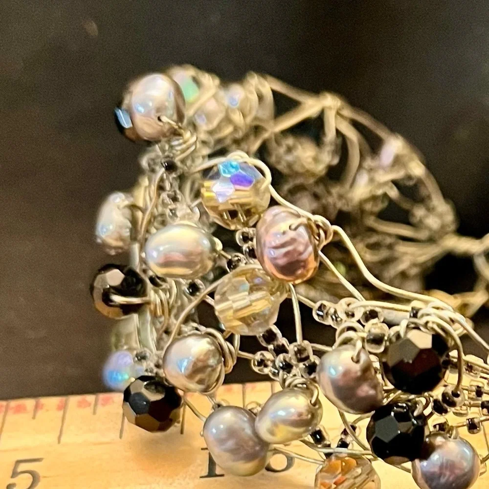 Vintage Handmade Wire Wrapped Bracelet Freshwater Pearl Aurora Borealis Bead Art